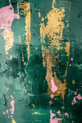 Modern abstraction background with gold highlights and pink splashes on a green base, perfect for interior 