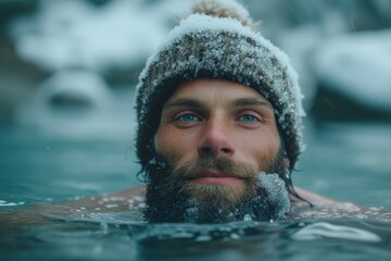 A man bathes in icy water, with snow and ice on his beard and hat. Winter bathing concept, Wim Hof method, healing ice baths, ice therapy