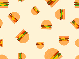 Hamburgers seamless pattern. Cheeseburgers and hamburgers in flat style. Cheeseburger with two cutlets. Bun with sesame seeds, cutlet, cheese and sauces. Design for wallpaper. Vector illustration