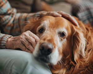 Photo of an elderly woman petting a therapy dog in a nursing home, with a close-up on the interaction showing comfort and companionship
