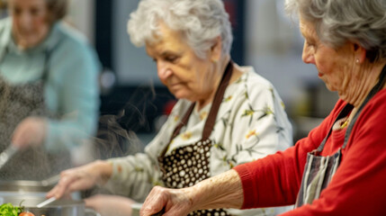 Photo of seniors participating in a cooking class, learning to prepare exotic dishes, highlighting lifelong learning and cultural exploration