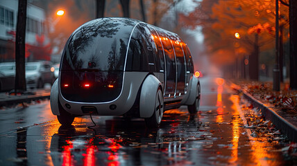 A cutting-edge autonomous pod vehicle navigating through an autumnal forest road, showcasing advanced transportation technology. - obrazy, fototapety, plakaty