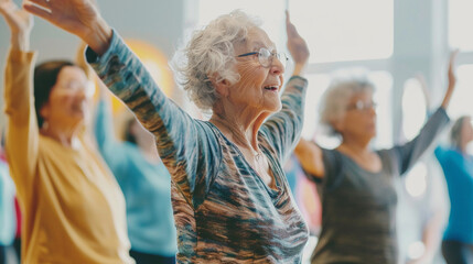 Seniors taking a group exercise class, focusing on health and social connectivity in aging society activities
