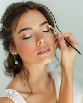 A makeup artist applies eye shadow to a young woman's eyelids using a brush. Wedding makeup in natural tones, with an emphasis on careful application of eye makeup.