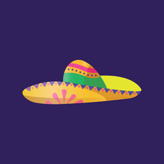 Hand drawn mexican traditional hat sombrero vector illustration on violet background. Mexico holiday celebration and fiesta party cartoon object. Cinco de Mayo, Day of the dead, Taco theme. 
