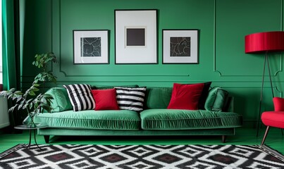 Stylish modern living room interior with a green velvet sofa and red pillows and floor lamp, against a green wall