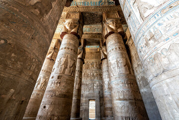 Beautiful ornate columns in the Temple of Hathor in Dendera, Egypt - 753038926