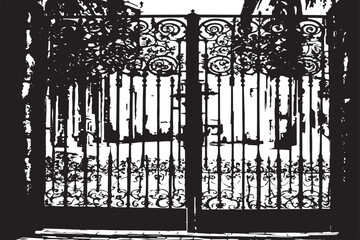 black and white overlay destressed grunge monochrome texture of metal gate, vector illustration background texture