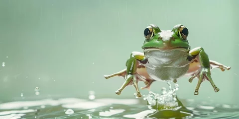 Foto op Canvas green frog jumping up in the air on the light green pastel background © ryanbagoez