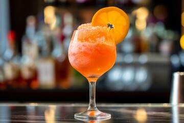 Frozen Aperol Spritz cocktail with an orange slice served in a stemmed glass against a bar backdrop