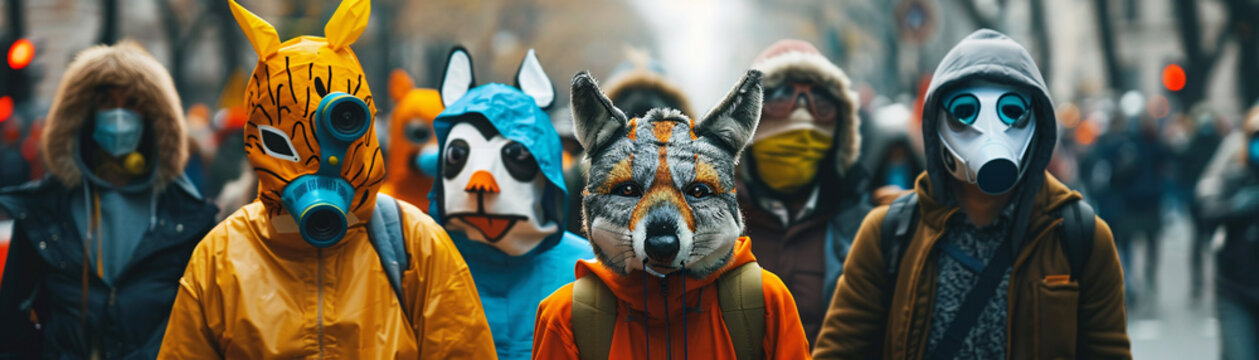 Environmental activists in animal costumes at a protest, drawing attention to biodiversity loss and the need for conservation measures