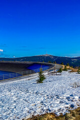 Dlouhe Strane, Czech Republic, Silesia, 5 March 2024: the beautiful spring background of the Czech high mountains in the Praděd Jeseníky, and the upper reservoir of the Dlouhe Strane hydroelectric 