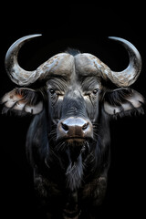 African buffalo, front view portrait on black background - obrazy, fototapety, plakaty