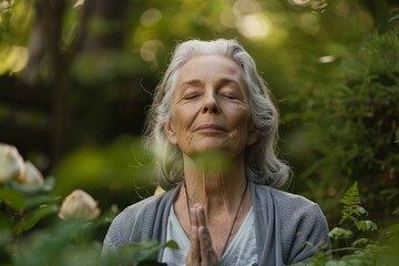 Photo of a senior woman meditating in a peaceful garden, with a close-up on her serene face and the natural surroundings, representing mental and physical harmony - obrazy, fototapety, plakaty