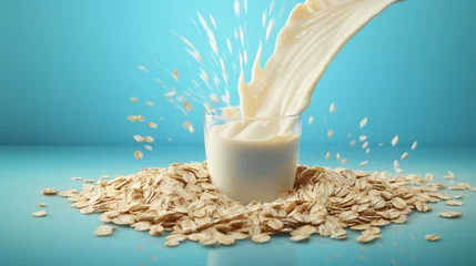 Küchenrückwand glas motiv oat food milk drop fall advertising ai visual background concept © Ali