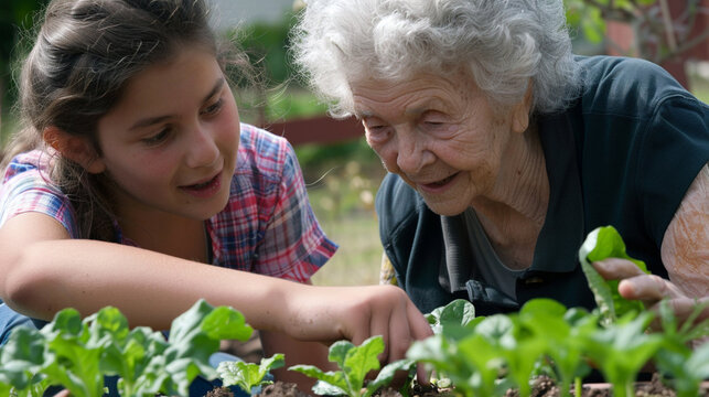 Photo of a senior woman sharing gardening tips with a young neighbor, with a close-up on their hands planting seeds, representing the growth of knowledge