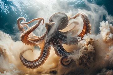 Underwater view of an octopus in a cloud of sand, ocean and sea life - 753040145