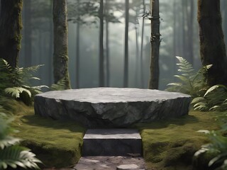 3d render close up forest Empty stone podium with dark forest background 