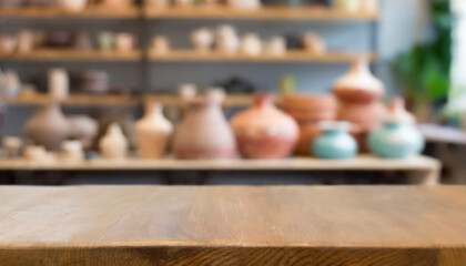 Empty table in ceramic workshop and local commercial interior selling handmade ceramic products, pottery and workshop of small ceramic arts, crafts or creative startup studio. Empty workstation 