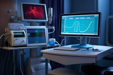 Naklejka premium CT laboratory. Observation room in an office with a computer tomography.. Generative AI.