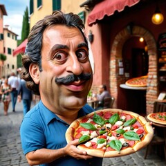 Parody caricature cartoon of Italian man carrying pizza