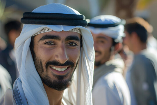Smiling in Tradition.
An Arabian man in traditional attire radiates happiness, embodying cultural pride and joy.