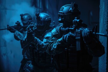 Fototapeta na wymiar Covert team of operatives in tactical gear with night vision goggles and silenced weapons moving stealthily in tight formation at a high-security facility.