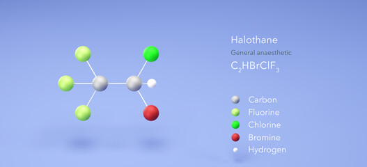 halothane molecule, molecular structures, general anaesthetic, 3d model, Structural Chemical Formula and Atoms with Color Coding