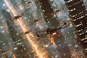 A futuristic urban scene featuring a swarm of agile metallic drones flying in formation over a city skyline at nighttime