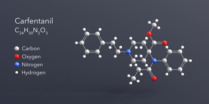 carfentanil molecule 3d rendering, flat molecular structure with chemical formula and atoms color coding