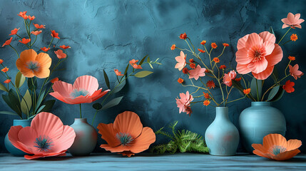 Artificial flowers in front of a blue wall. In the style of dark teal and light pink. Delicate paper cutouts.
