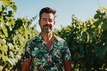 A confident mid-30s Caucasian man in a vibrant floral shirt standing in a lush vineyard, smiling...