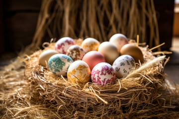Fototapeta na wymiar Elegant patterned Easter eggs in a straw nest