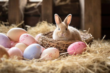 Cute bunny with pastel easter eggs in a nest on hay - Powered by Adobe
