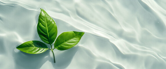 Transparent and clean white water and green leaf background sunlight reflection, top view, beauty backdrop, mock up, beauty backdrop, mock up, spa and wellness, copy space
