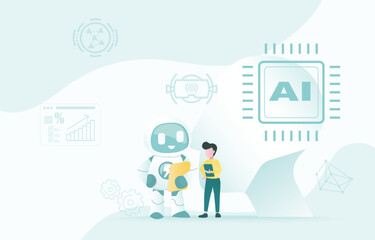 Artificial Intelligence (AI) technology and data analysis concept. AI robot augment microchip on real head for research, improvement, development, evolution, intelligent robot. Vector illustration.