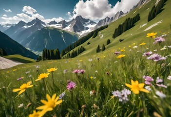 alpine meadow with flowers in the mountains, clouds in northen areas, beautiful nature
