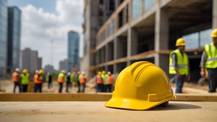 Yellow Construction Helmet on a Busy Construction Site