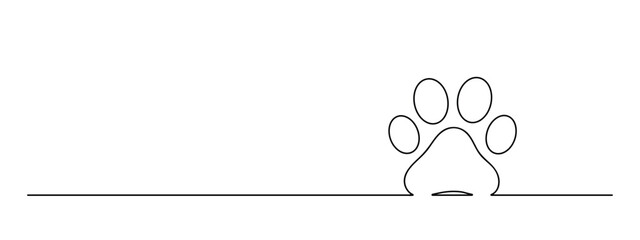 paw print one line art, pet footprint lineart, black line vector illustration, editable stroke, horizontal design element