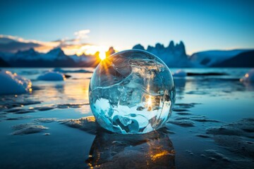 Ice globe frozen continents melting climate message - obrazy, fototapety, plakaty