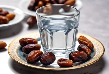 A Glass of pure water and dates in the plate for iftar, Ramadan Mubarak, Ramadan Kareem