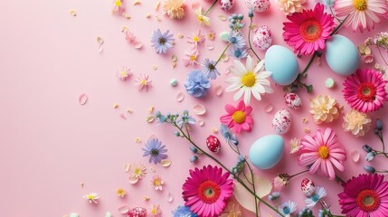 Beautiful colorful flowers with ester eggs on pink background.