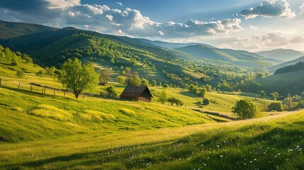 Fototapeta premium beautiful countryside of romania. sunny afternoon. wonderful springtime landscape in mountains. grassy field and rolling hills. rural scener