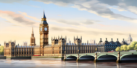 houses of parliament at sunset, Houses of Parliament Along the Riverside sky with clouds - obrazy, fototapety, plakaty