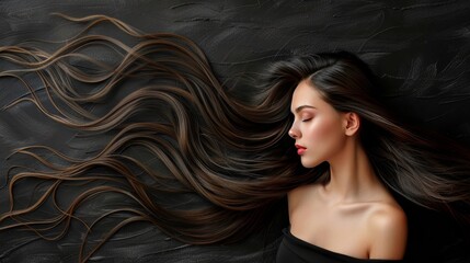Stylish brunette woman with flowing long hair on dark background   hair care and beauty concept - obrazy, fototapety, plakaty