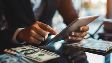 Businessman using tablet online banking, exchange currency and payment