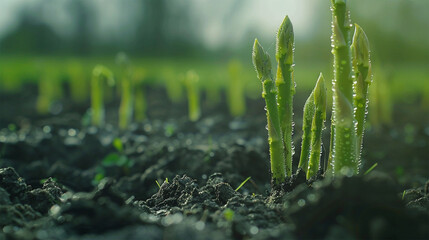 young asparagus plant on the fertile soil