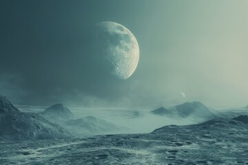 Surreal moonlit landscape with distant planets, hazy atmosphere, and cosmic elements evoking mystery and wonder
