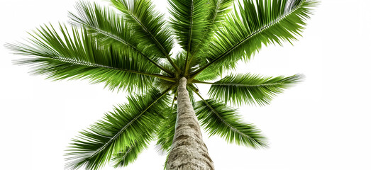 bottom view of palm branches isolated on white background. Coconut trees, dynamic view from bottom