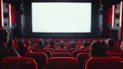 Fototapeta premium Cinema blank wide screen and people in red chairs in the cinema hall. Blurred People silhouettes watching movie performance.